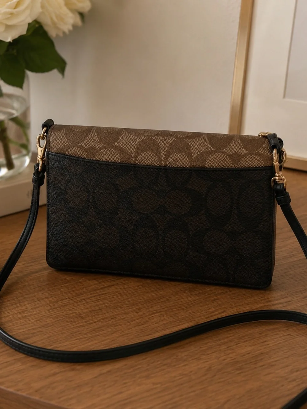 Coach Brown Signature Canvas Crossbody with Black Strap